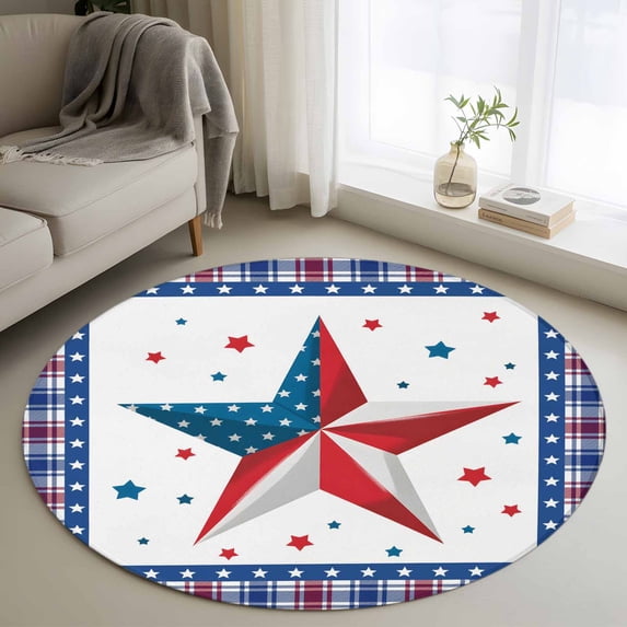 Independence Day Round Area Rug 3.3Ft Washable Circle Rugs for Dining Room Table, Red Blue Patriotic Star Stripes Plaid Non-Slip Carpet Floor Mats Indoor Outdoor Carpet Runner Aesthetic Home Decor