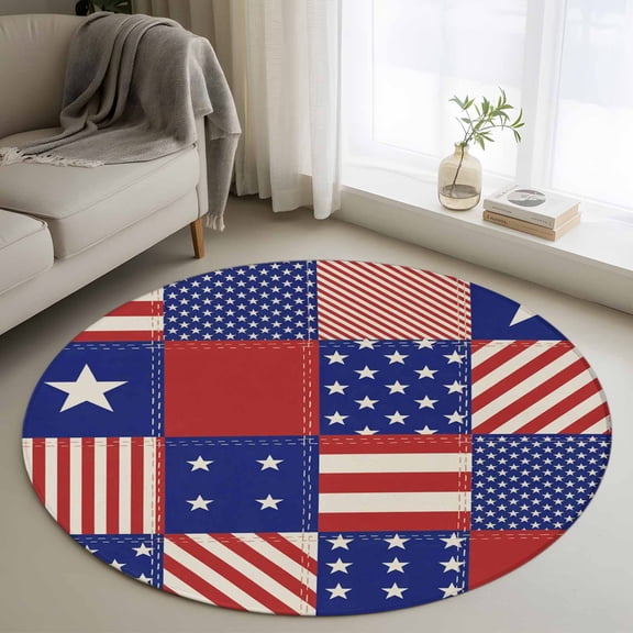 Independence Day Round Area Rug 3Ft Washable Small Circle Rugs for Kitchen Entryway, US Flag Star Stripe Vintage Non-Slip Carpet Floor Mats Indoor Outdoor Carpet Runner Aesthetic Home Decor