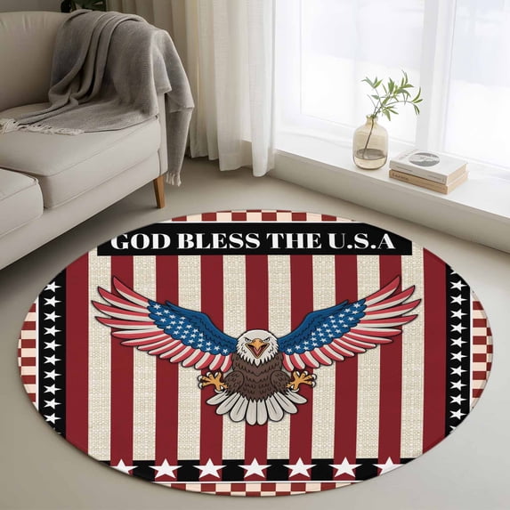 Independence Day Round Area Rug 4Ft Washable Circle Rugs for Bedroom Dining Room, Eagle U.S Flag Red Blue Stripes Retro Non-Slip Carpet Floor Mats Indoor Outdoor Carpet Runner Aesthetic Home Decor