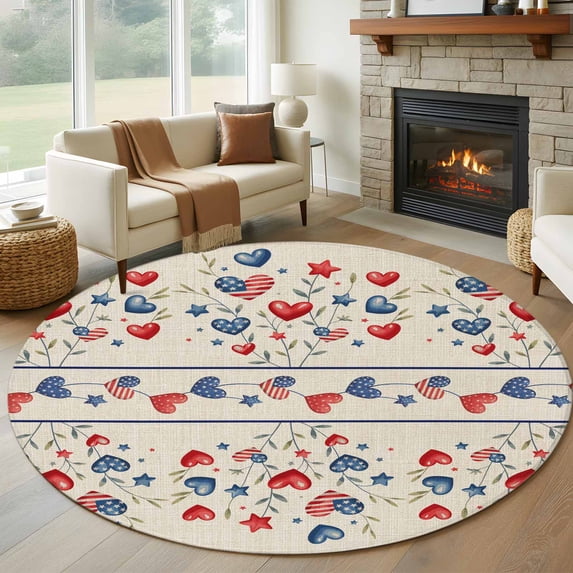 Independence Day Round Area Rug 6Ft Washable Circle Rugs for Bathroom Office, 4th of July Red Blue Strip Love Burlap Non-Slip Carpet Floor Mats Indoor Outdoor Carpet Runner Aesthetic Home Decor