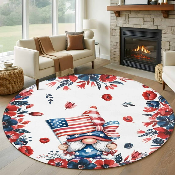 Independence Day Round Area Rug 6Ft Washable Circle Rugs for Bathroom Office, Gnomes American Flag Red Blue Flowers Non-Slip Carpet Floor Mats Indoor Outdoor Carpet Runner Aesthetic Home Decor