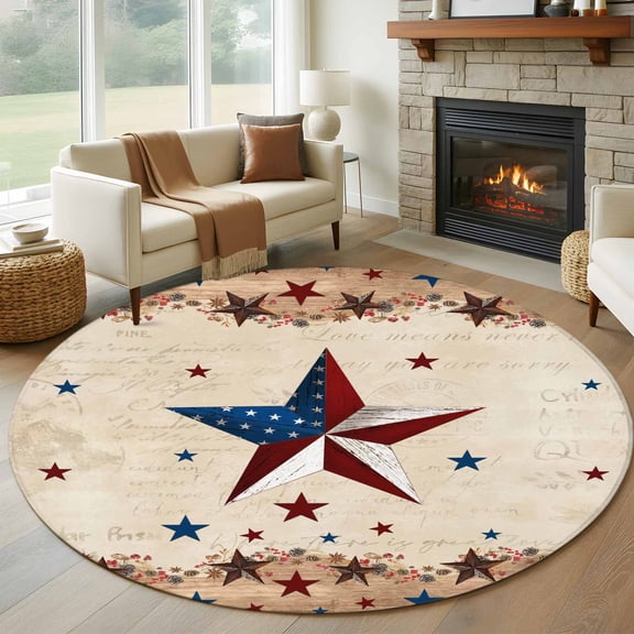 Independence Day Round Area Rug 7Ft Washable Circle Rugs for Dorm Laundry Room, Rustic Texas Star Farmhouse Wooden Non-Slip Carpet Floor Mats Indoor Outdoor Carpet Runner Aesthetic Home Decor