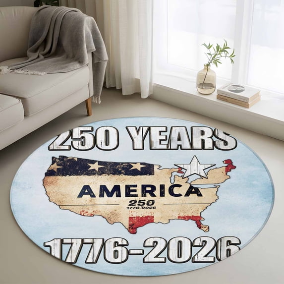 Independence Day Round Area Rugs 3 ft, America 250 Years Map Silhouette Vintage Country Blue Washable Small Area Rug with Non-Slip Sturdy Edge Binding Round Front Door Mat Floor Carpet for Entryway