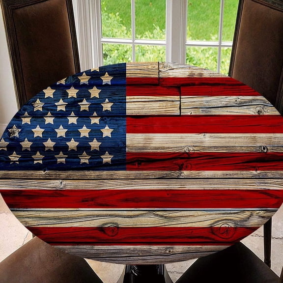 Independence Day Round Fitted Tablecloth, American Flag Patriotic Elastic Edge Table Cover Waterproof Table Cloths for Home Decor Kitchen Party, Tablecloth Size 60"(Fit for 48.2"-52.1" Table), Type 7
