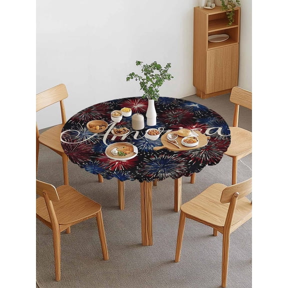 Independence Day Round Fitted Tablecloth with Elastic Edge, America Letter Print Fantasy Colorful Firework Waterproof Stretch Table Covers for 55"-60" Tables Wipeable Table Cloth for Outdoor