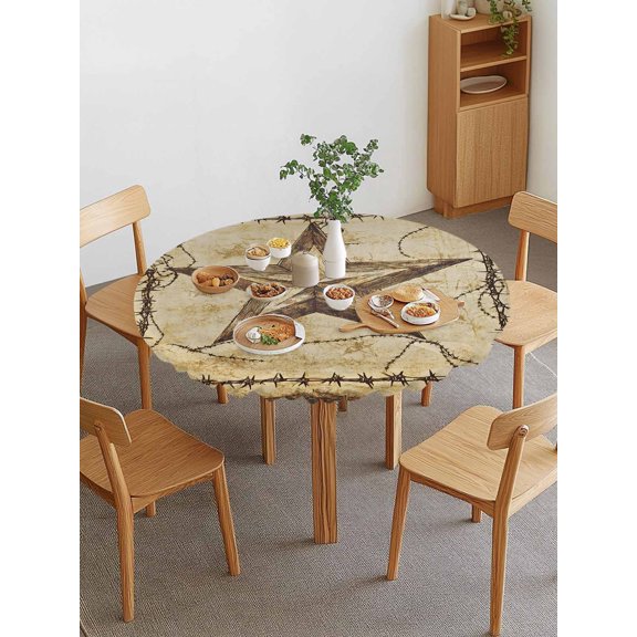Independence Day Round Fitted Tablecloth with Elastic Edge, Country Retro Western Star Ring Waterproof Stretch Table Covers for 36"-44" Tables Wipeable Table Cloth for Outdoor