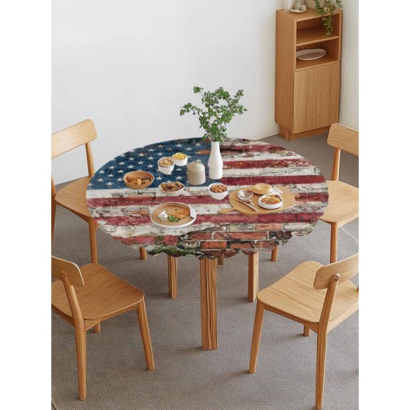 Independence Day Round Fitted Tablecloth with Elastic Edge, Retro American Flag Star Brick Wall Stripes Waterproof Stretch Table Covers for 45"-54" Tables Wipeable Table Cloth for Outdoor