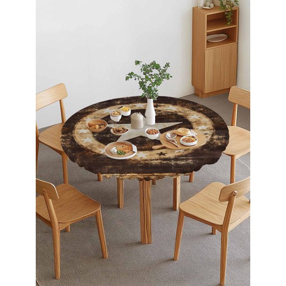 Independence Day Round Fitted Tablecloth with Elastic Edge, Retro Country Western Star Ring Waterproof Stretch Table Covers for 36"-44" Tables Wipeable Table Cloth for Outdoor