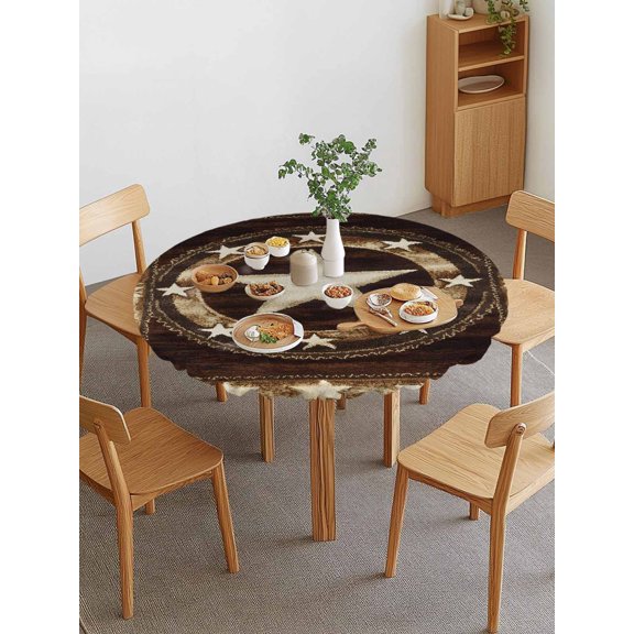 Independence Day Round Fitted Tablecloth with Elastic Edge, Retro Country Western Stars Ring Waterproof Stretch Table Covers for 36"-44" Tables Wipeable Table Cloth for Outdoor