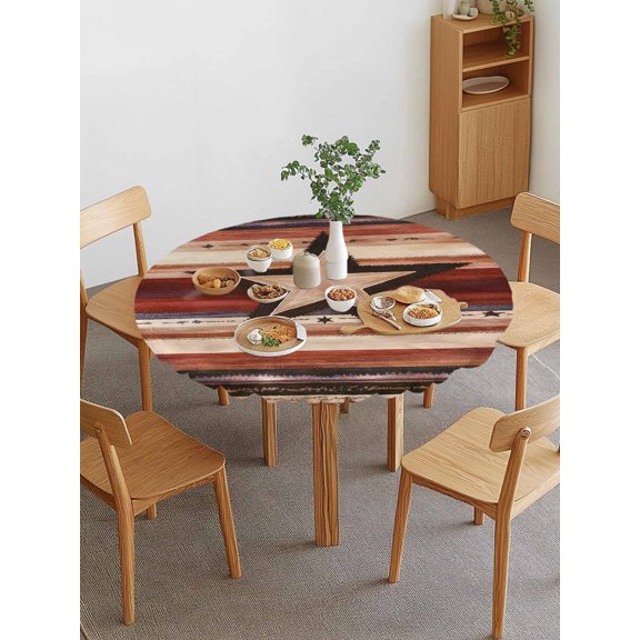 Independence Day Round Fitted Tablecloth with Elastic Edge, Retro Western Stars Wood Grain Waterproof Stretch Table Covers for 36"-44" Tables Wipeable Table Cloth for Outdoor