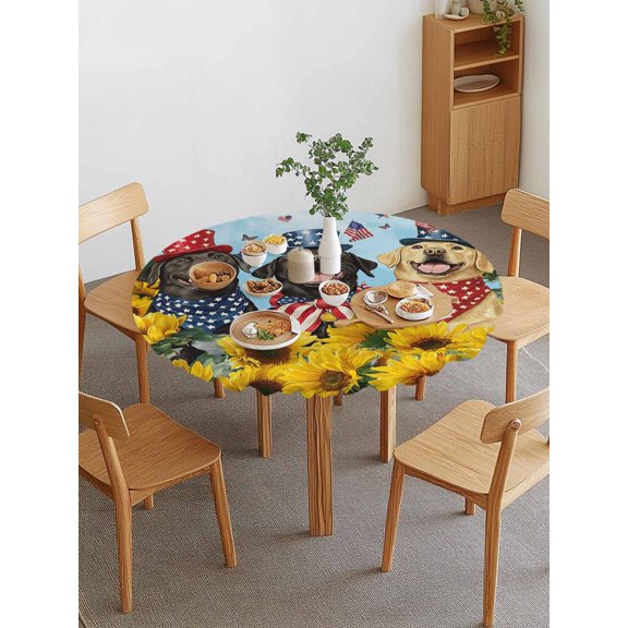 Independence Day Round Fitted Tablecloth with Elastic Edge, U.S. Flag Themed Cute Dog Farmhouse Sunflower Waterproof Stretch Table Covers for 55"-60" Tables Wipeable Table Cloth for Outdoor