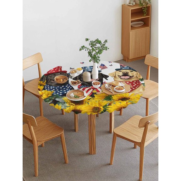Independence Day Round Fitted Tablecloth with Elastic Edge, U.S. Flag Themed Cute Dogs Farmhouse Sunflower Waterproof Stretch Table Covers for 55"-60" Tables Wipeable Table Cloth for Outdoor