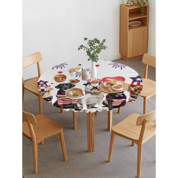 Independence Day Round Fitted Tablecloth with Elastic Edge, U.S. Flag Themed Cute Funny Dog Puppy Firework Waterproof Stretch Table Covers for 45"-54" Tables Wipeable Table Cloth for Outdoor