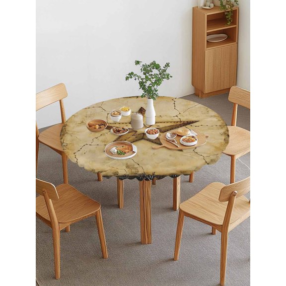 Independence Day Round Fitted Tablecloth with Elastic Edge, Western Star Ring Country Retro Waterproof Stretch Table Covers for 36"-44" Tables Wipeable Table Cloth for Outdoor