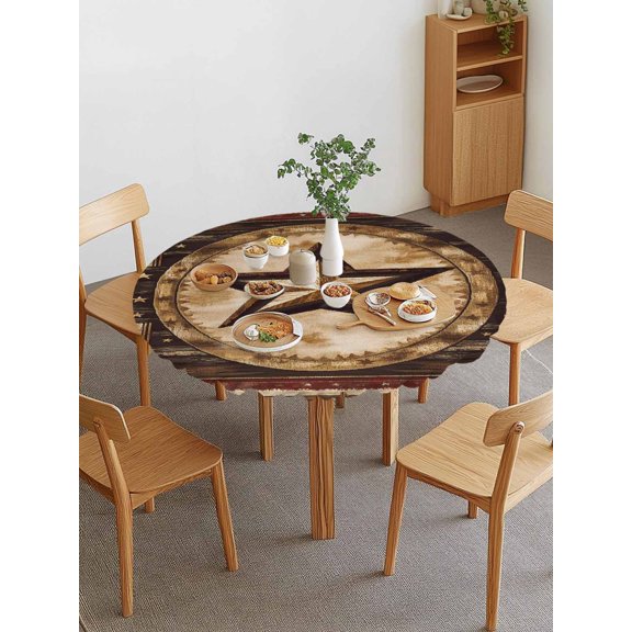 Independence Day Round Fitted Tablecloth with Elastic Edge, Wood Grain Retro Western Star Waterproof Stretch Table Covers for 36"-44" Tables Wipeable Table Cloth for Outdoor