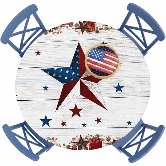 Independence Day Round Fitted Tablecloth Vintage U.S. Flag Country Stars Wood Grain Elastic Table Cloth Waterproof Oil Proof Table Cover Fits 45"-54" Round Tables for Party Picnic Dinner Decor