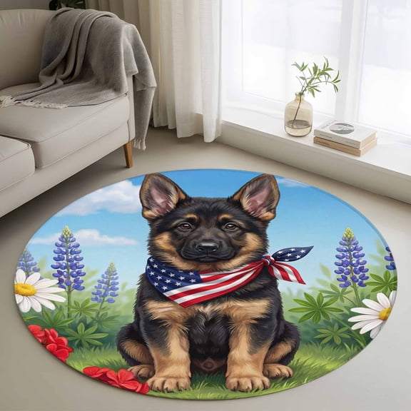 Independence Day Round Living Room Rugs 3.3 ft, American Flag Cute Dog Puppy Colorful Flowers Washable Area Rug with Non-Slip Sturdy Edge Binding Round Front Door Mat Floor Carpet for Entryway