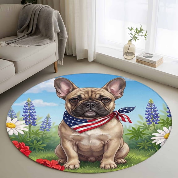 Independence Day Round Living Room Rugs 3.3 ft, Watercolor U. S. Flag Cute French Bulldog Butterfly Washable Area Rug with Non-Slip Sturdy Edge Binding Round Front Door Mat Floor Carpet for Entryway