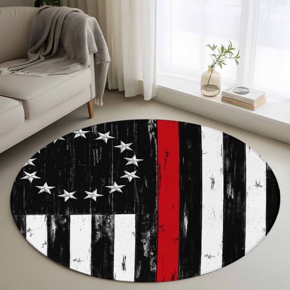 Independence Day Round Living Room Rugs 4 ft, Watercolor U. S. Flag Metal Stars Red White Stripes Area Rug with Non-Slip Sturdy Edge Binding Round Carpet for Entryway Kitchen Bedroom Bathroom