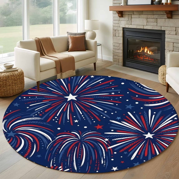 Independence Day Round Living Room Rugs 5 ft, U. S. Flag Cartoon Firework Graffiti Patriotic Washable Area Rug with Non-Slip Sturdy Edge Binding Round Carpet for Entryway Kitchen Bedroom Bathroom