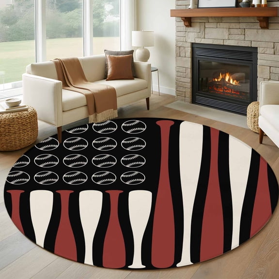 Independence Day Round Living Room Rugs 6 ft, Watercolor U. S. Flag Themed Baseball Sport Washable Area Rug with Non-Slip Sturdy Edge Binding Round Carpet for Kitchen Office Bedroom