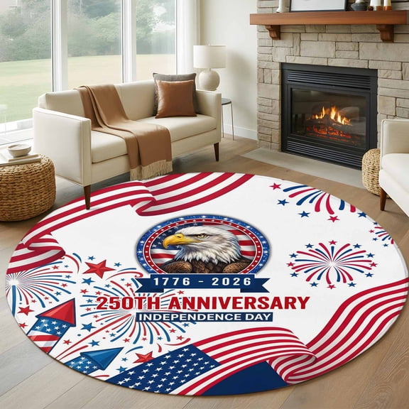 Independence Day Round Living Room Rugs 8 ft, U. S. Flag Cartoon Firework Bald Eagle Face Washable Large Area Rug with Non-Slip Sturdy Edge Binding Round Carpet for Dining Room Kitchen Office