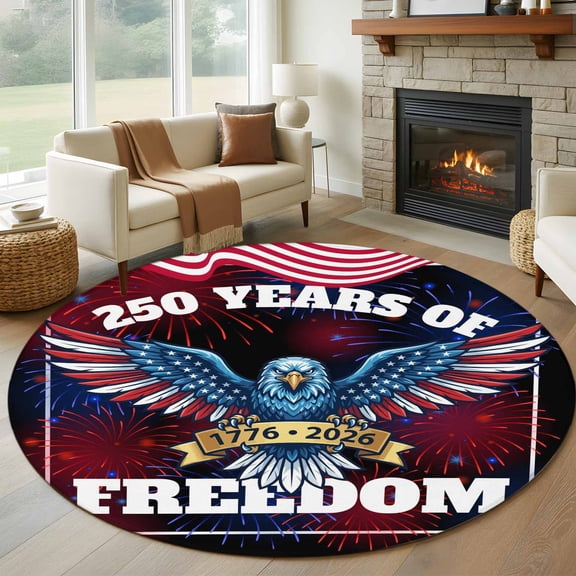 Independence Day Round Rug 6Ft 250 YEARS OF FREEDOM Cartoon Bald Eagle Circle Area Rugs Washable Non Slip Indoor Floor Mats Carpet for Living Room Bedroom Dining Room Home Decor