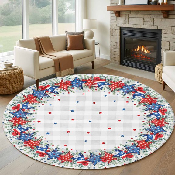 Independence Day Round Rug 8ft Washable Circle Rugs Non Slip Pentagram Flag Vintage Plaid Country Large Area Rug Indoor Floor Carpet for Bedroom Kitchen Living Room Home Office Dining Room Nursery