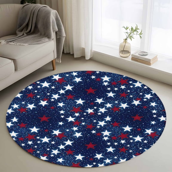 Independence Day Round Rugs for Living Room 3ft U. S. Flag Themed Red White Five-Pointed Stars Non Slip Circle Rug Washable Low-Profile Indoor Carpet for Bedroom, Dining Room, Bathroom