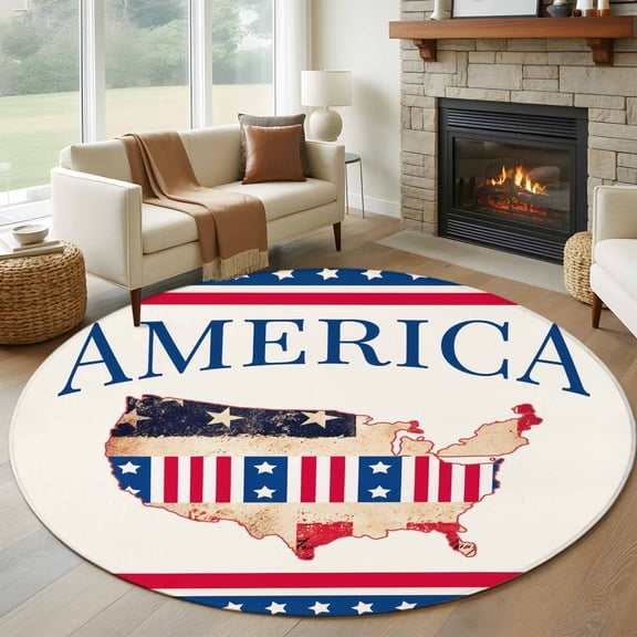 Independence Day Round Rugs for Living Room 5ft American Flag Retro Map Beige Background Red Stripes Non Slip Circle Rug Washable Low-Profile Indoor Carpet for Bedroom, Dining Room, Bathroom