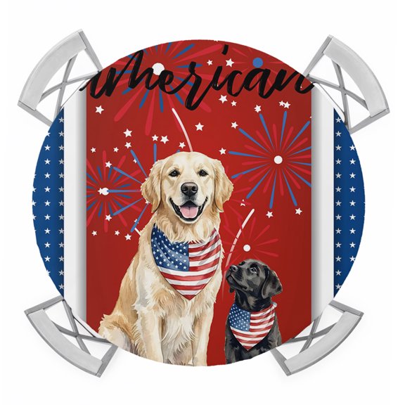 Independence Day Round Table Cover, Black Labrador Cute Golden Retriever White Star Waterproof Fitted Tablecloths for 36"-44" Tables, Washable Picnic Table Cover for Camping Dining Indoor Outdoor