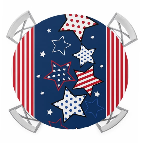 Independence Day Round Table Cover, Red Stripes Star Polka Dots Waterproof Fitted Tablecloths for 36"-44" Tables, Washable Picnic Table Cover for Camping Dining Indoor Outdoor