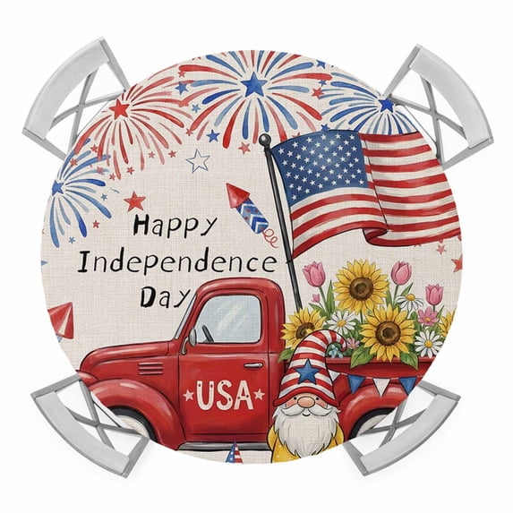Independence Day Round Table Cover, Red Truck Patriotic Gnome Fireworks Rustic Waterproof Fitted Tablecloths for 36"-44" Tables, Washable Picnic Table Cover for Camping Dining Indoor Outdoor