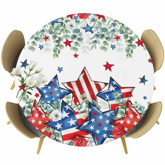 Independence Day Round Tablecloth 36-44 Inch Round Fitted Table Cloth with Elastic Edge, Eucalyptus Leaves Blue Red Pentagram Waterproof Table Cover Protector for Outdoor Picnic Party Dining
