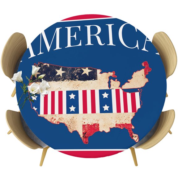 Independence Day Round Tablecloth 36-44 Inch Round Fitted Table Cloth with Elastic Edge, Patriotic American Flag Map Blue Waterproof Table Cover Protector for Outdoor Picnic Party Dining