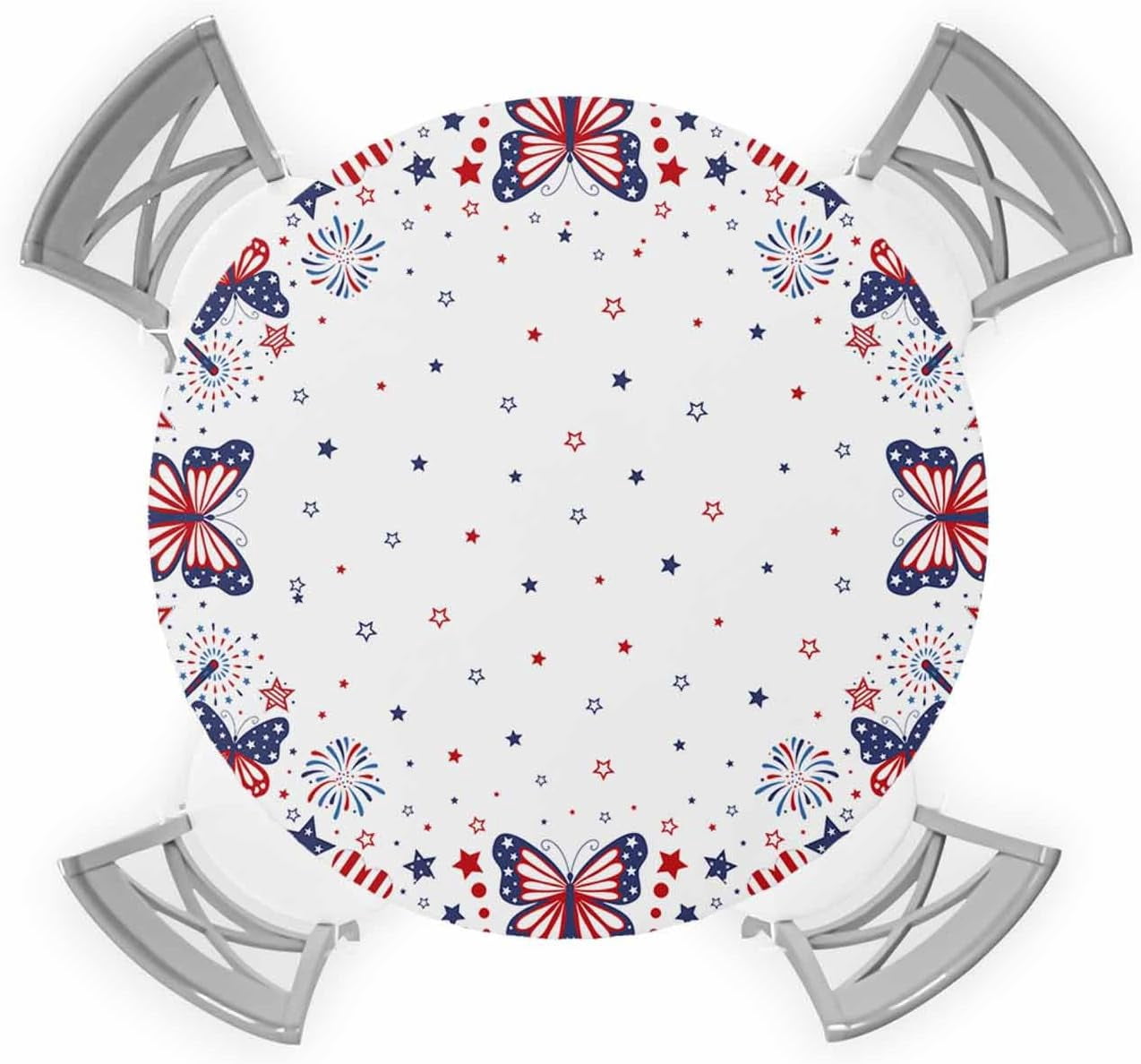 Independence Day Round Tablecloth Fitted Table Cover, Elastic Tablecloths Waterproof Outdoor Indoor Stretch Cloth Tablecover for Dinner, Party, Shower, Stripes Stars Red Blue Watercolor 36-44IN