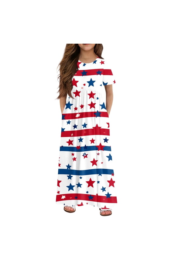 Independence Day Royal Blue Dresses for Girls 1776 Crew Neck Star Striped T Shirt Dress Festival Casual Maxi Dress 2026 Summer Short Sleeve Little Girls Patchwork Dress with Pockets