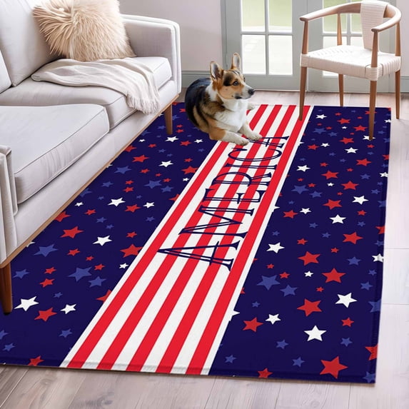 Independence Day Runner Rug 2.7x5 FT, Non Slip Entryway Carpet, American Flag Red Blue Star Striped Washable Soft Floor Carpet Entrance Mat Non-Shedding Throw Rug for Hallway Laundry Room Bedside