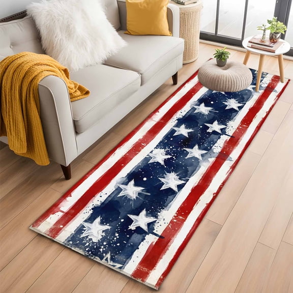 Independence Day Runner Rug 2'x6' Watercolor Gradient American Flag Red Blue Splash Style Hallway Runner Rugs Washable Non-Slip Bedside Floor Mats Carpet for Kitchen Bedroom Laundry Room Bathroom