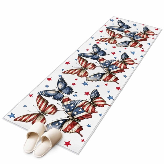 Independence Day Runner Rug 2x6 FT, Non Slip Hallway Carpet, 4th of July American Flag Butterfly Washable Soft Floor Carpet Throw Runner Carpet Long Rug for Entryway Kitchen Bedside Sliding Door