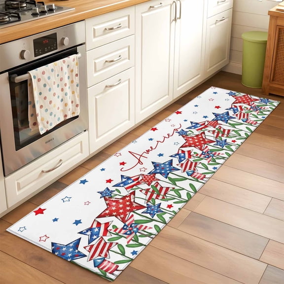 Independence Day Runner Rug 2x6 FT, Non Slip Hallway Carpet, 4th of July Red Blue Stars Patriotic Washable Floor Carpet Throw Runner Carpet Long Rug for Entryway Kitchen Bedside Sliding Door