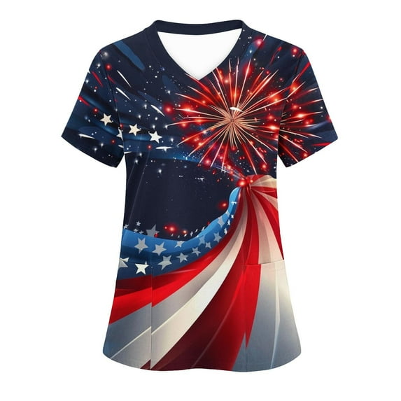 Independence Day Scrub Tops,Cadancy Cotton Linen Nurse Uniforms for Women Loose Fit Plus Size,Vacation Clothes 2025 Trendy Blouses Cotton,Red Shirts Dressy Casual V Neck,Playeras De Mujer Cuello