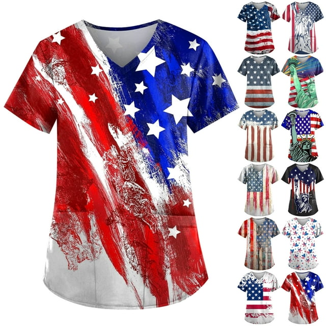 Independence Day Scrubs for Women Short Sleeve V-Neck American Flag Printed Nursing Working Uniform 4th of July Patriotic Scrub Tops with Pockets Summer Savings