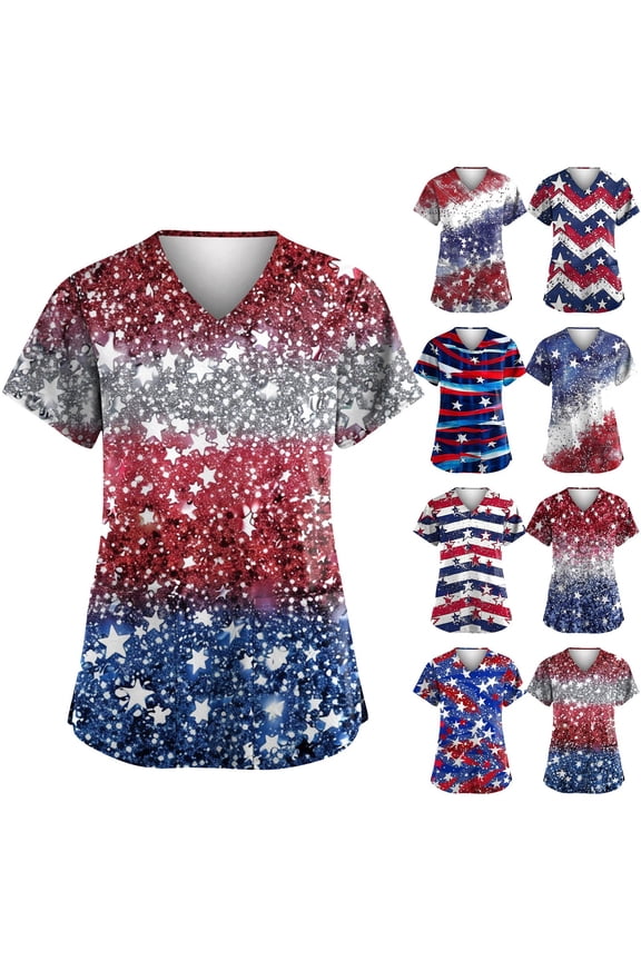 Independence Day Scrubs for Women V Neck Short Sleeve Printed Scrub Tops | Star Pattern Plus Size Medical Nursing Uniform with Pockets Black M