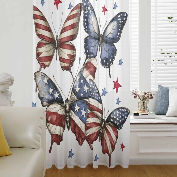 Independence Day Semi Sheer Curtains Drapes for Living Room, Bedroom, French Doors Window 108 Inches Long, 4th of July American Flag Butterfly Rod Pocket Chiffon Curtain Drapery Voile Drape Panel