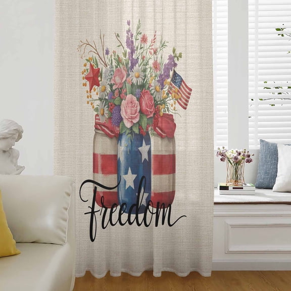 Independence Day Semi Sheer Curtains Drapes for Living Room,Bedroom,French Doors Window 45 Inches Long,Spring Roses Flowers US Flag Rustic Plants Rod Pocket Chiffon Curtain Voile Drapery Panel