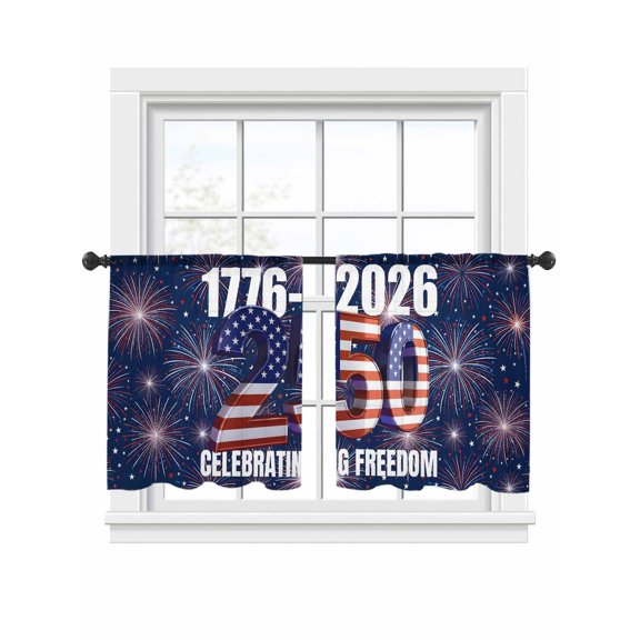 Independence Day Sheer Curtains 2 Panels Set 250 CELEBRATION FREEDOM Cartoon Firework Sheer Window Curtains Light Filtering Rod Pocket Voile Drapes for Bedroom Living Room 52"x45"