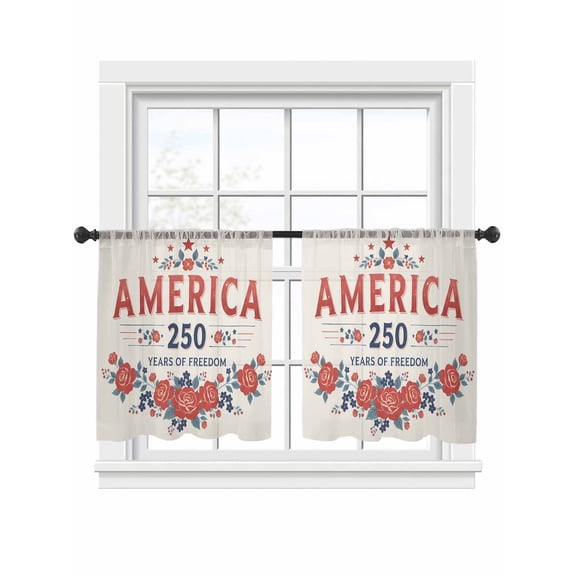 Independence Day Sheer Curtains 2 Panels Set 250 YEARS OF FREEDOM Retro Red Flowers Sheer Window Curtains Light Filtering Rod Pocket Voile Drapes for Bedroom Living Room 52"x45"