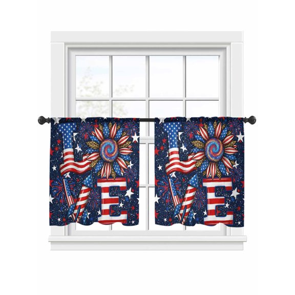 Independence Day Sheer Curtains 2 Panels Set Abstract American Flag Love Sunflower Star Sky Sheer Window Curtains Light Filtering Rod Pocket Voile Drapes for Bedroom Living Room 52"x45"