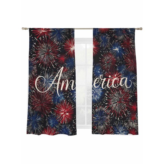 Independence Day Sheer Curtains 2 Panels Set America Letter Print Fantasy Colorful Firework Sheer Window Curtains Light Filtering Rod Pocket Voile Drapes for Bedroom Living Room 52"x63"